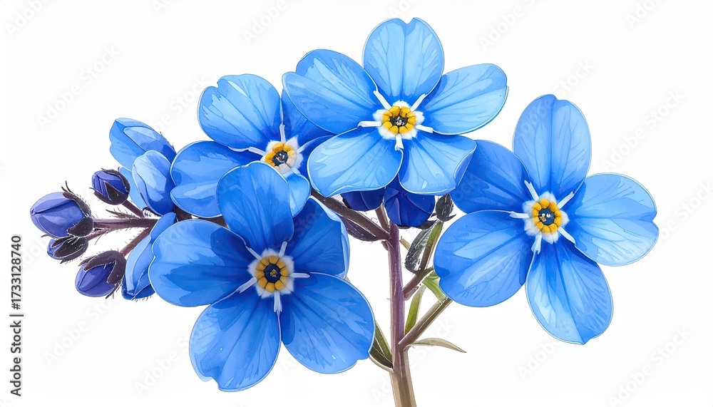 Fototapeta premium Close-up of vibrant blue blossoms with yellow centers and green stem