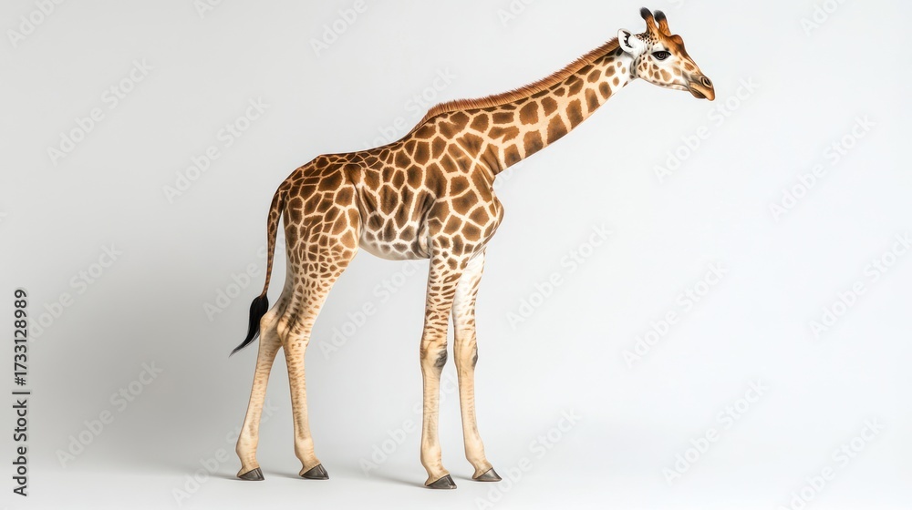 Fototapeta premium Giraffe in studio with brown spots and long neck against a neutral background