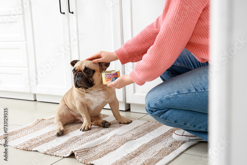 Cute French bulldog and wom...