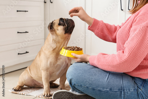 Woman feeding French bulldo...