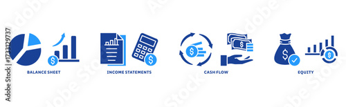 Financial statement icon set illustration concept with icon of income statement, balance sheet, cash flow, equity