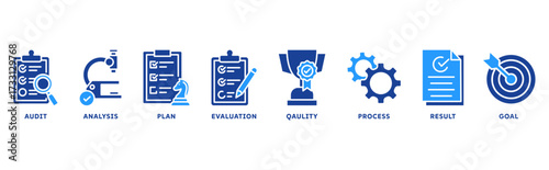 Assessment icon set illustration concept with icon of audit, analysis, plan, evaluation, quality, process, results, goal 