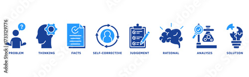 Critical thinking icon set illustration concept with icon of problem, thinking, facts, self-corrective, judgment, rational, analysis, solution