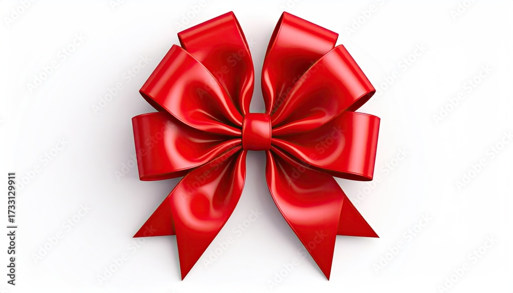 Fototapeta premium High-angle shot of a shiny, vibrant red ribbon bow, resting on a white backdrop