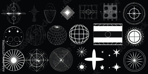 Collection of abstract geometric shapes and futuristic symbols on black background