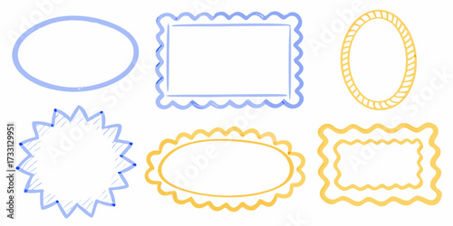 Collection of six hand drawn decorative frames in blue and yellow on a white background