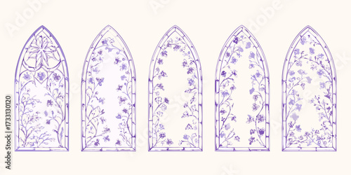 Five gothic arch windows decorated with delicate purple floral designs and vines