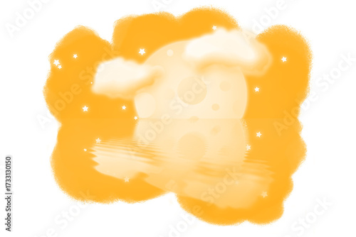 A dark brown fuzzy creature with large ears and a bushy tail sits on a bright orange abstract shape isolated on transparent background