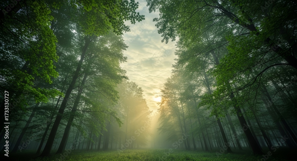 Obraz premium A serene forest scene with tall trees and soft sunlight filtering through the leaves. Mist hangs in the air, creating a tranquil atmosphere.