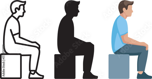 Three different styles of a man sitting on a cube side profile simple to detailed representation vector