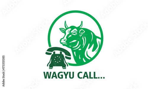 WAGYU CALL POSTER PROMOTIOS, silhouette of great wagyu cow in circle and phone vector illustrations