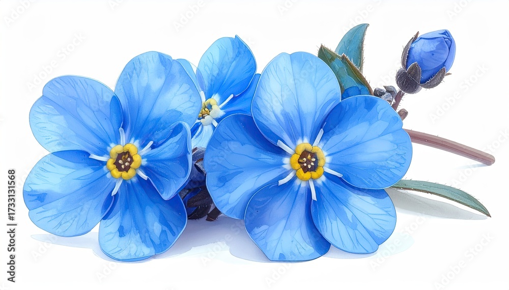 Fototapeta premium Bright blue flower cluster with yellow centers, a bud, and green leaves on white