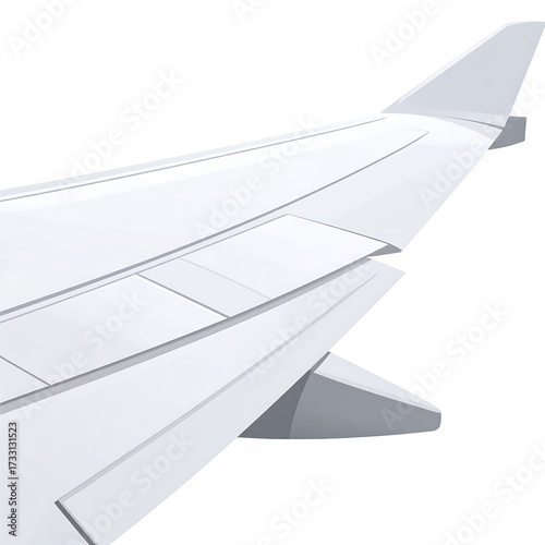 Airplane wing detail, showcasing flaps and ailerons against a white background