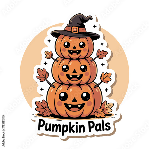 Pumpkin pals trio, stacked smiling jack o lanterns, autumn leaves, cute Halloween decoration, festive vector illustration