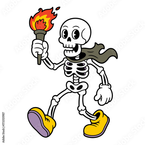 Running skeleton adventurer, flaming torch in hand, flowing cape, bright boots, energetic stride, spooky cartoon character vector