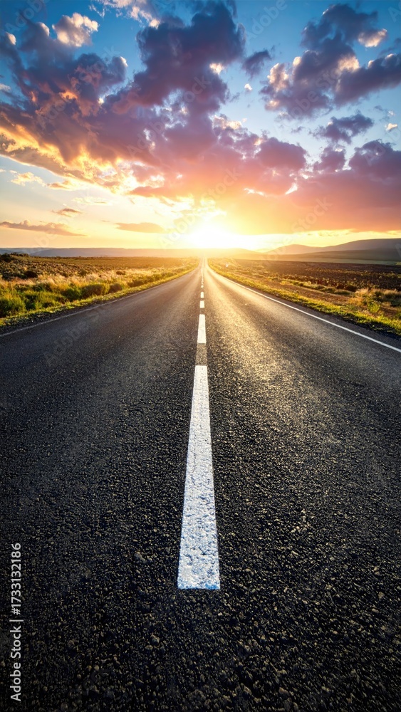 Fototapeta premium Empty Asphalt Road Stretching to the Horizon with Golden Sunset and Cloudy Sky in a Rural Landscape with cinematic tone