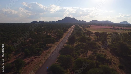 aerial view of bush in Africa , vegetation with acacia trees and shrubs at sunset