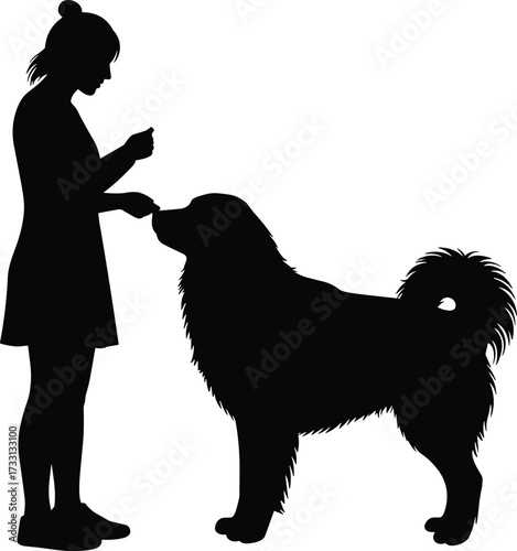 Dog training silhouette, woman with dog, pet obedience vector, black outline artwork, canine graphic design, domestic pet interaction, animal illustration