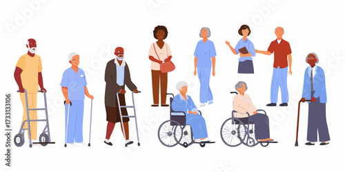 Diverse group of elderly people and caregivers in a community setting with mobility aids and wheelchairs