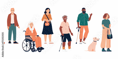 Diverse group of people of different ages abilities and ethnicities standing together with a dog