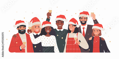 Diverse group of friends and colleagues celebrating christmas and new year with champagne toasts