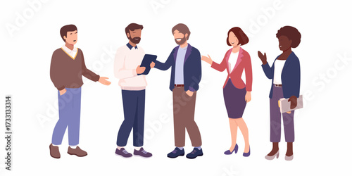 Diverse group of five professionals in casual business attire collaborating and discussing ideas together