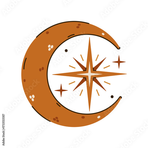 Golden crescent and stars vector illustration. New moon, light from celestial planets. Symbol of astrology, astronomy, magic, religion. Hand drawn clip art isolated on white. Moonlight, night glow