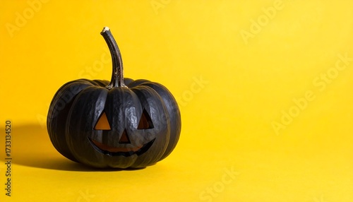 A black pumpkin with a carved face against a yellow background