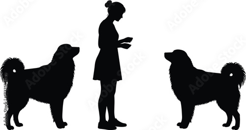 Dog training silhouette, woman with pets, animal obedience vector, canine illustration, black outline artwork, domestic dog graphic, pet owner design