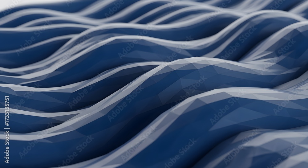 Naklejka premium Close-up, abstract three-dimensional rendering of smooth, undulating blue waves in a low-poly polygonal mesh pattern, suitable for background and design