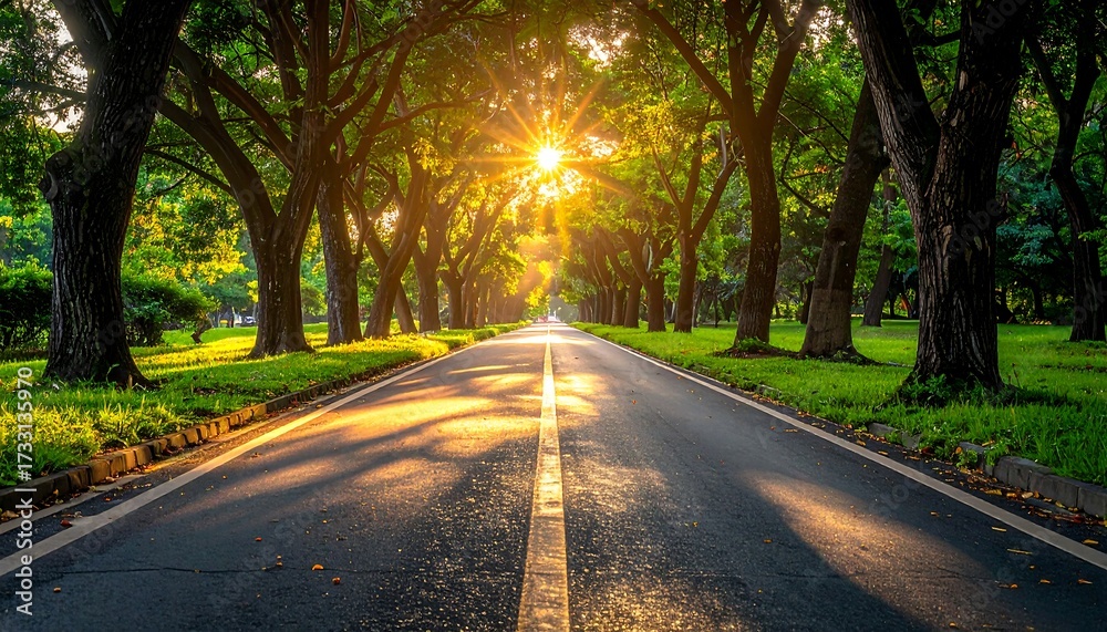 Fototapeta premium Sunlit road through a lush green tunnel of trees, sunlight bursts through canopy