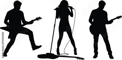 Silhouettes of rock band musicians, guitar players and female singer performing on stage, music concert illustration, isolated shadow figures design collection