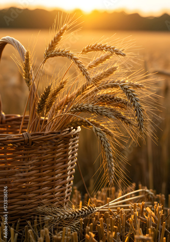 [Generative AI] 일몰의 황금빛 햇살 속, 바구니에 담긴 잘 익은 밀 이삭