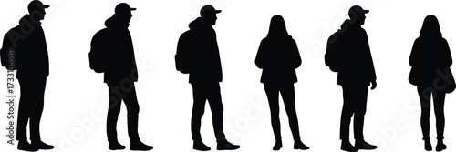 Silhouettes of young men and women with backpacks, casual students standing group, modern lifestyle people shadow, isolated illustration design