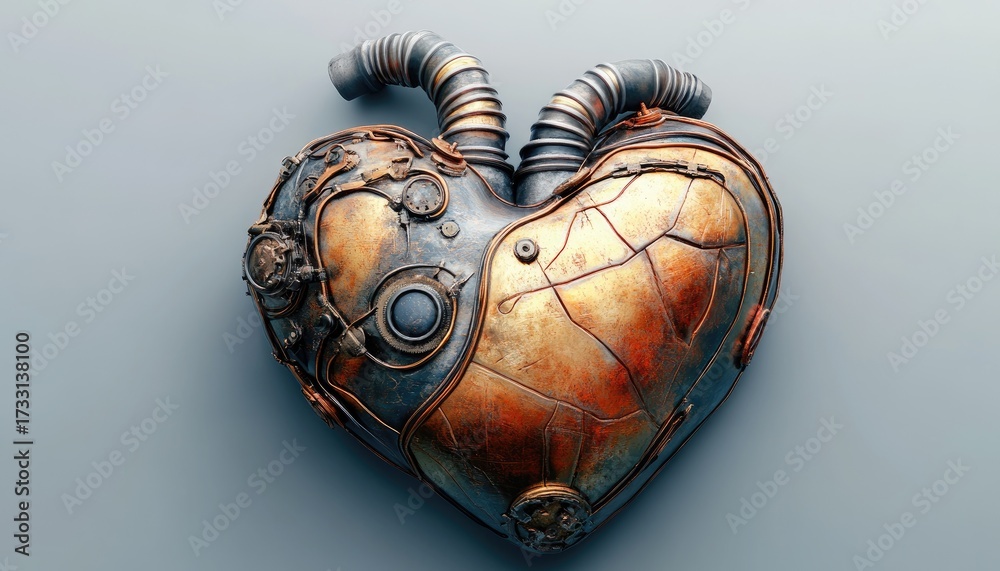 Naklejka premium Steampunk heart, rusted metal, intricate gears