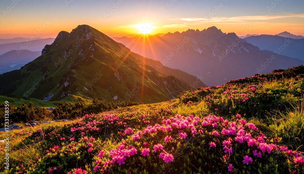 Fototapeta premium Sunset over mountain range, vibrant flowers bloom in the foreground, with soft lighting