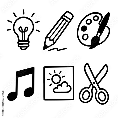 6 hand-drawn doodle-style icons for fun creative projects vector graphic illustration