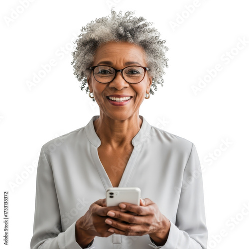 Smiling senior woman holding a smartphone isolated on transparent background
