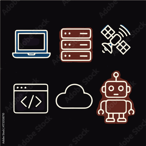 6 technology icons in neon style vector graphic illustration