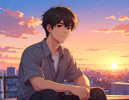 Anime boy, sunset city view