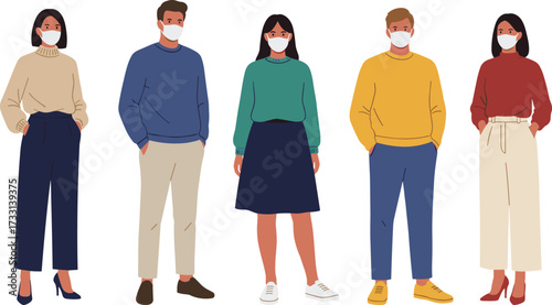 Vector illustration of diverse business people wearing protective face masks, modern lifestyle, workplace safety, healthcare concept, teamwork, professional colleagues