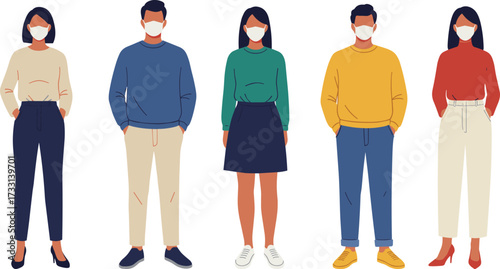 Vector illustration of diverse young people wearing protective face masks, modern business fashion, workplace safety, healthcare concept, teamwork, professional colleagues