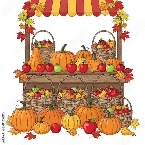 Colorful illustration of a vibrant autumn market stand with baskets of apples and pumpkins underneath a striped awning with fall leaves.