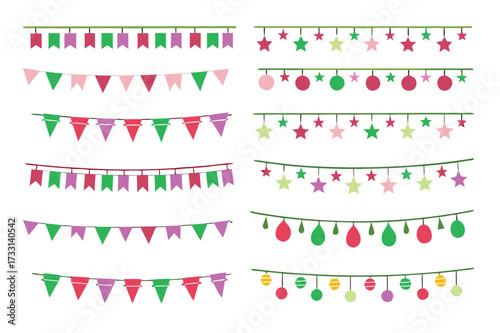 Multicolored Buntings Garlands PNG Transparent Background Decorative Flags for Greeting Cards and Invitation Designs Vector Illustration 