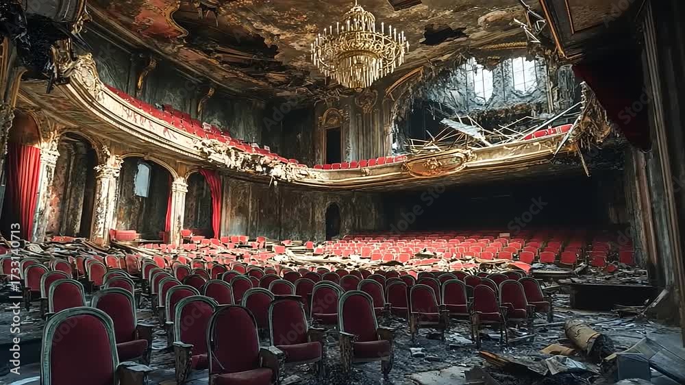 Theatre Exploding Devastated Grand Theater Interior After Bombing, War-Torn Auditorium ...