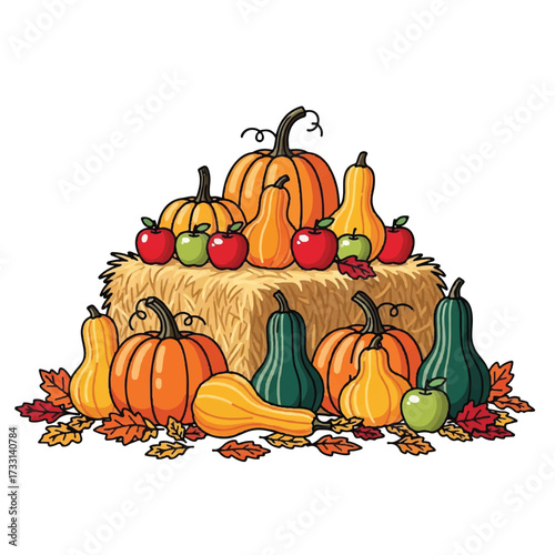 Colorful still life of assorted gourds, squash, and apples arranged on and around a hay bale with fall leaves, against a clean white background.