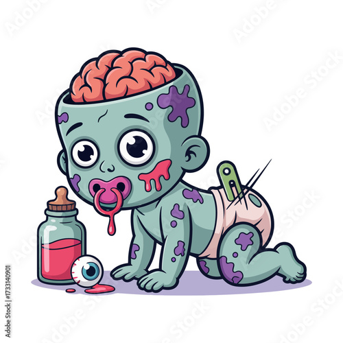 cute zombie baby crawling, stitched skin, pacifier and bottle, medical bandage details, creepy adorable monster, cartoon vector illustration