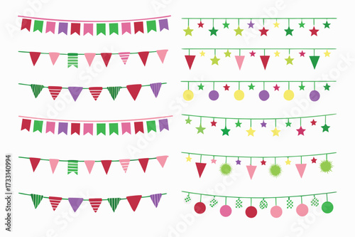 Multicolored Buntings Garlands PNG Transparent Background Decorative Flags for Greeting Cards and Invitation Designs Vector Illustration 
