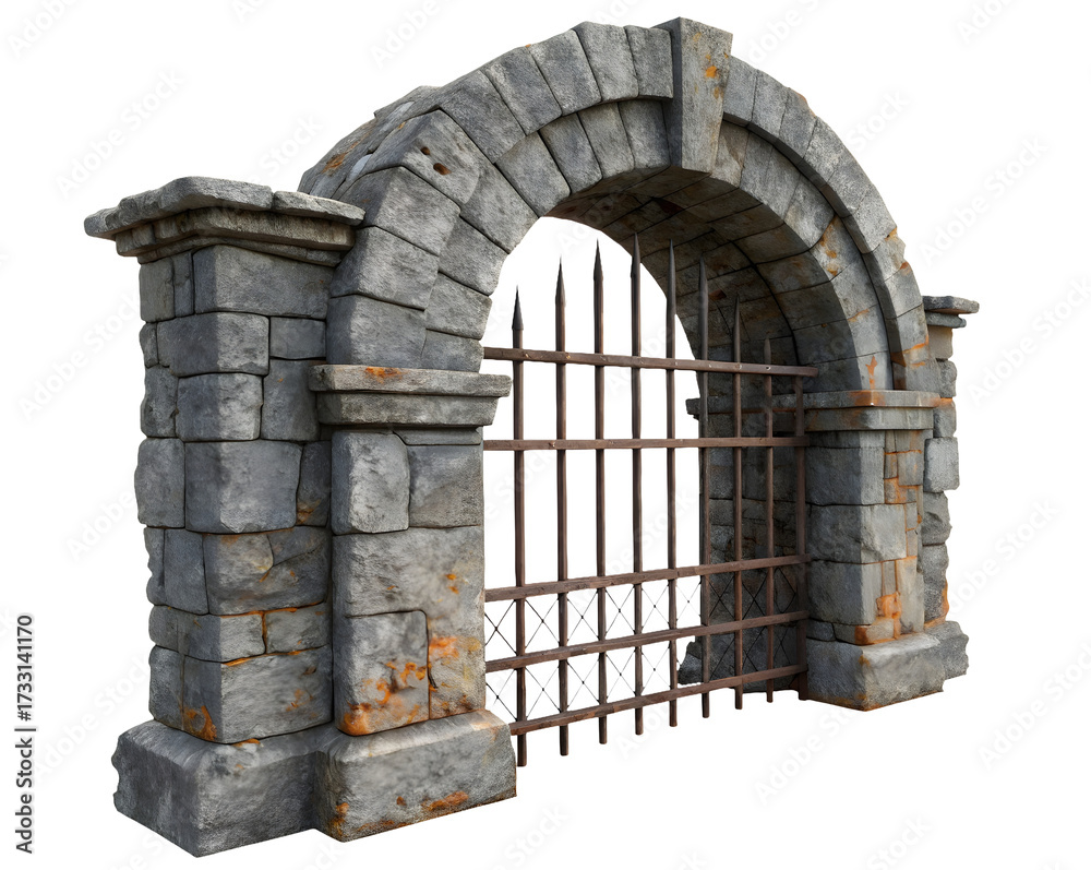 Fototapeta premium Stone arch gate isolated on white or transparent background