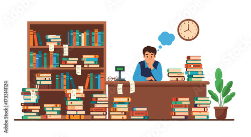 A Thoughtful Librarian Surrounded by Books Facing Times Pressure and Contemplation.